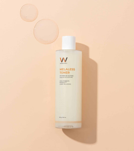 Melaless Toner 250g bottle for brightening and hydrating skin, featuring melanin control and soothing ingredients